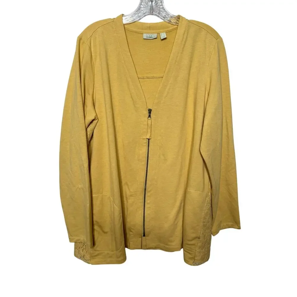 LOGO by Lori Goldstein Lounge Yellow Zip Front Cardigan Women’s Size L Lace Trim
